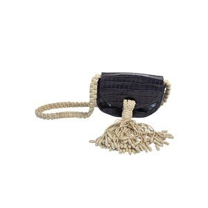 Black Faux Croc Leather Shoulder Bag With Braided Rope Strap & Tassel Detail